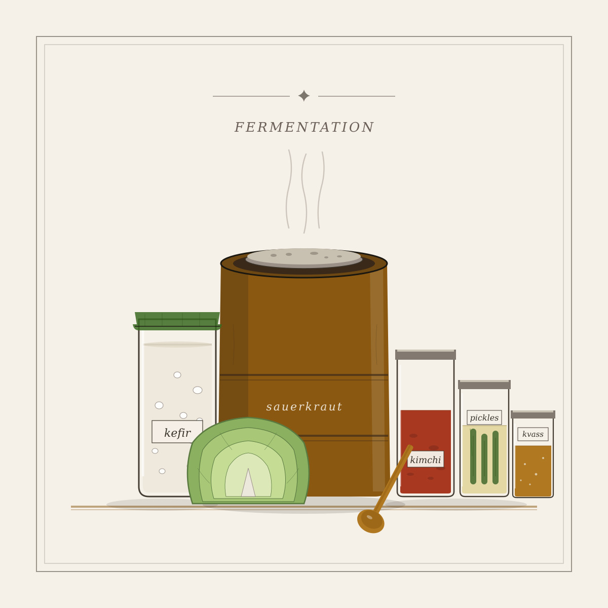 Sauerkraut crock, kefir, and mason jars of fermented foods