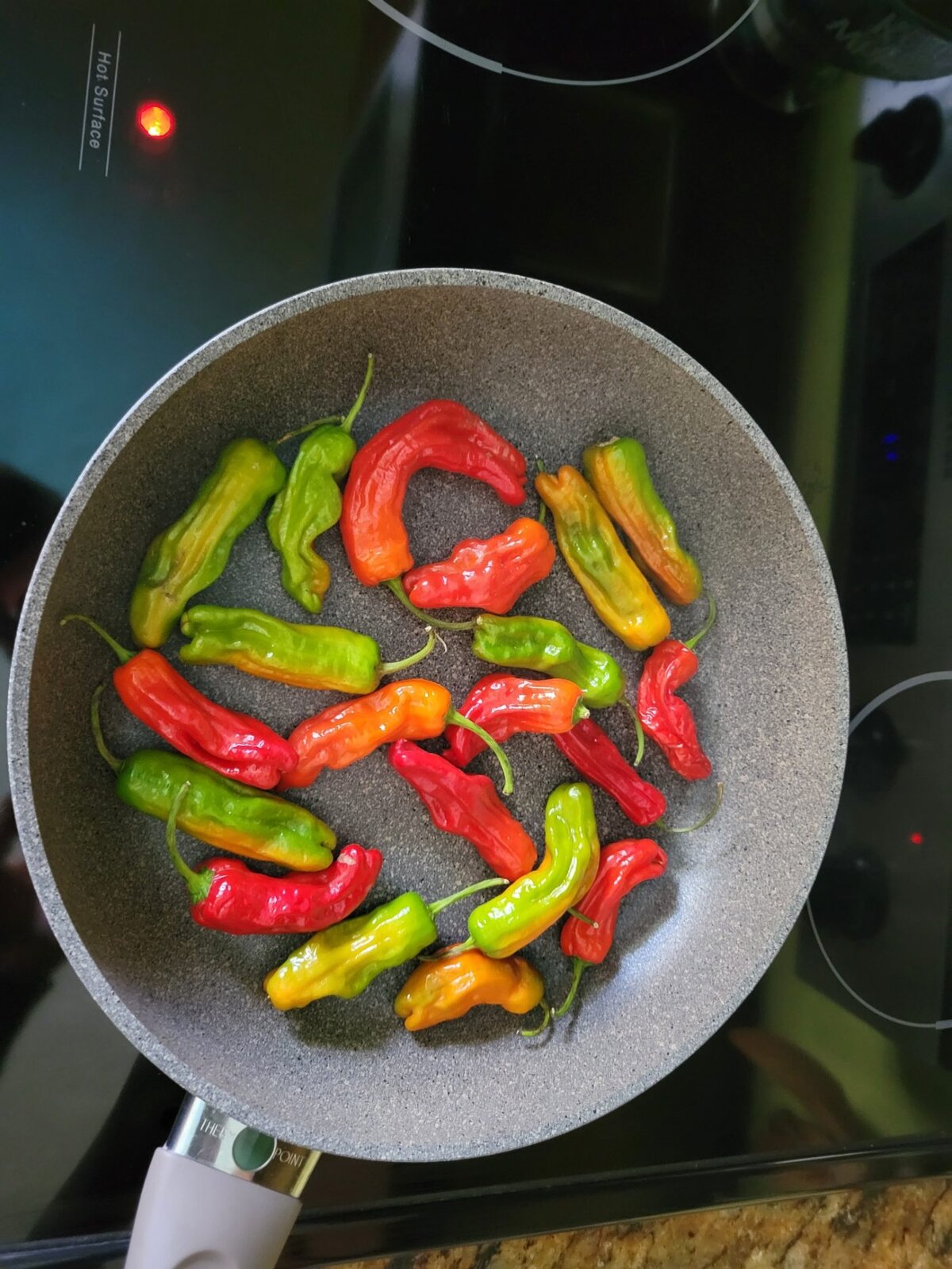 Garden shishito peppers in a pan, red and green